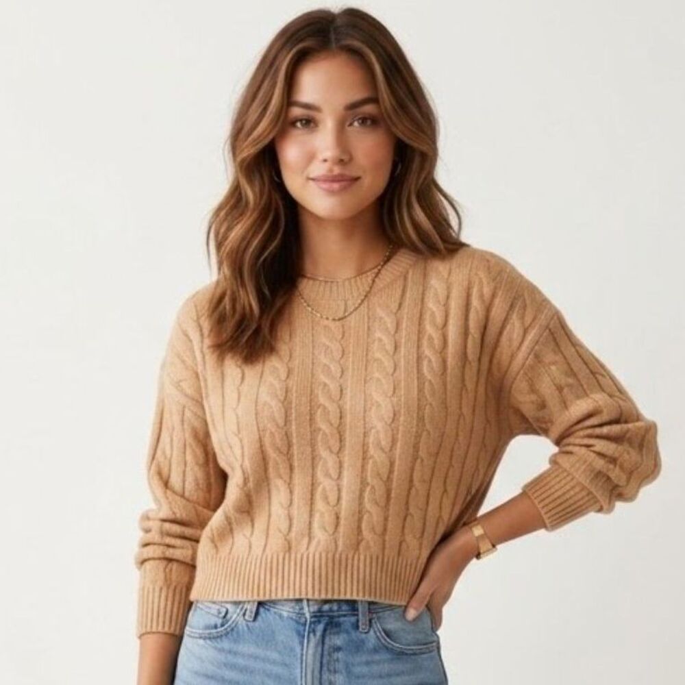 1. State Evermore Wild Oak Cable Knit Cropped Sweater Top Cozy Casual Preppy - L